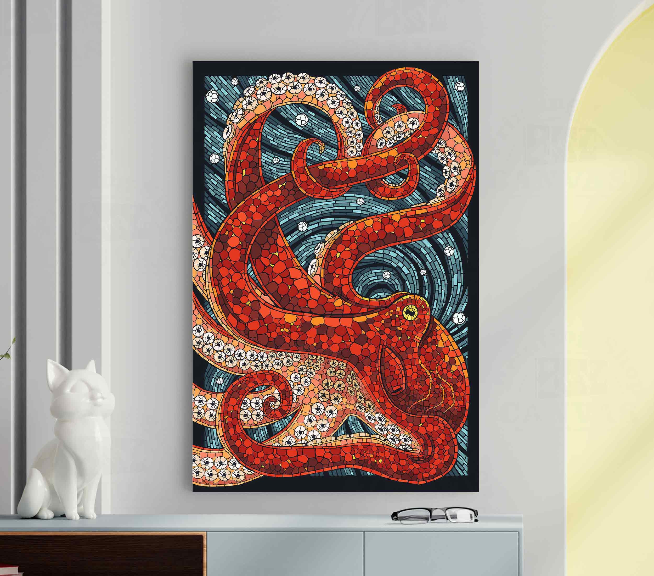 Red Octopus Mosaic Print on Canvas, Asian Art Living Room Decor