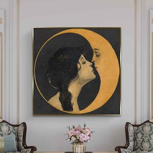 Vintage Frau küsst den Mond Leinwanddruck Zeitlos Romantische Kunst Mond Kunst klassische Kunst Wanddekor himmlische Kunst feine Kunst romantisches Dekor