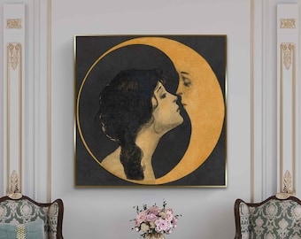 Vintage Woman Kissing the Moon Canvas Print Timeless Romantic Wall Art moon art classic art wall decor celestial art fine art romantic decor