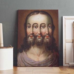 Three faced Jesus Canvas art print, Triple Jesus Christ, prayer canvas Kitsch Jesus Portrait, Gift For Christian religious icon desktop art
