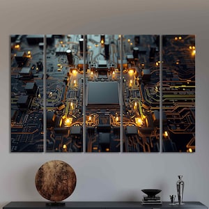 May include: A multi-panel canvas print depicting a detailed computer circuit board. The image features a dark color palette with glowing orange and yellow accents, highlighting the intricate pathways and components of the board.