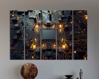 Motherboard Canvas Print, Chip Artwork Processor Painting Illuminated Circuit Board Tech Decor print Yellow Orange black Computer Technology