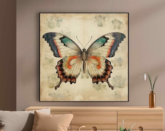 Vintage Butterfly canvas print Red blue Exquisite Beige Retro illustration Nature Antique Butterfly  Insects wall art gift for Entomologist