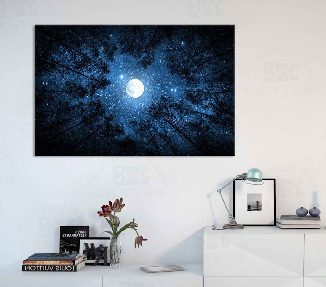 Night Sky Wall Art Trees Forest Nature Landscape Moon and Trees Milky ...
