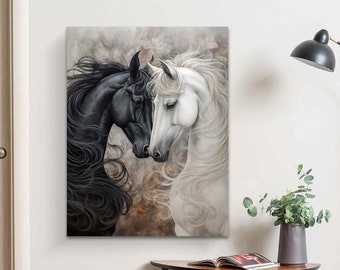 Black and White Horses Portrait Canvas Print: Modern Animal Art