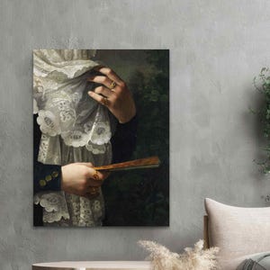 Arte Vitoriana Mulher com um Leque Impressão em Tela Pintura Vintage Decoração Vitoriana Escura Arte Antiga Impressão Véu de Renda Arte com Toques Românticos
