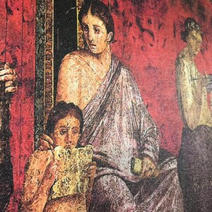 May include: A painting depicting three people in a room with a red wall. The people are wearing robes and are standing in a row. The person in the middle is holding a scroll. The painting is in a vintage style.