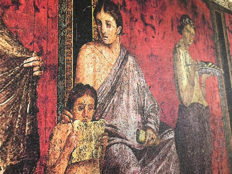 May include: A painting depicting three people in a room with a red wall. The people are wearing robes and are standing in a row. The person in the middle is holding a scroll. The painting is in a vintage style.