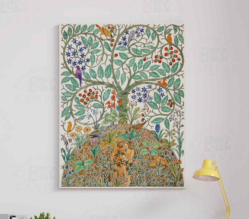 Adam and Eve Canvas Watercolor Print Blooming Retro Landscape Art ...