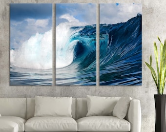 Navy Blue Big Wave Hawaiian Surf Art Print – Turquoise Ocean Coastal Wall Decor