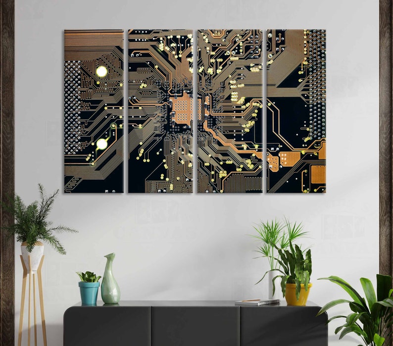 May include: A close-up of a circuit board with intricate copper traces and gold connectors. The board is divided into four sections, each with a unique pattern. The colors are black, gold, and copper.