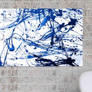 Minimalist Abstract Wall Art Print on canvas Blue and white abstraction wall art Modern art Jackson Pollock style American Drip Painting