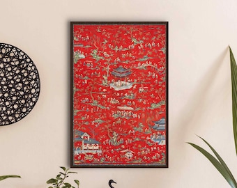 Stampa su tela raffigurante una pagoda in stile Chinoiserie rossa – Decorazione vintage per la casa in stile asiatico