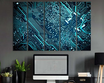 Stampa su tela della scheda madre, circuito stampato, decorazione da parete, regalo tecnologico per ingegneri, decorazione elettronica blu, arte da parete informatica, con cornice o senza cornice
