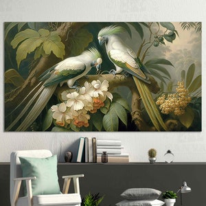 Tropisches Paradies Poster | Papagei im üppigen Wald Wandkunst Lebendige Tropische Leinwand Exotische Blumen Kunstwerk Natur Wanddekor | Dschungel Kunstdruck