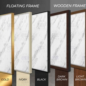 May include: Five different frame options for displaying artwork or photos. The frames are shown against a white marble background. The frame options include gold, ivory, black, dark brown, and light brown. The frames are 1.3 inches wide.