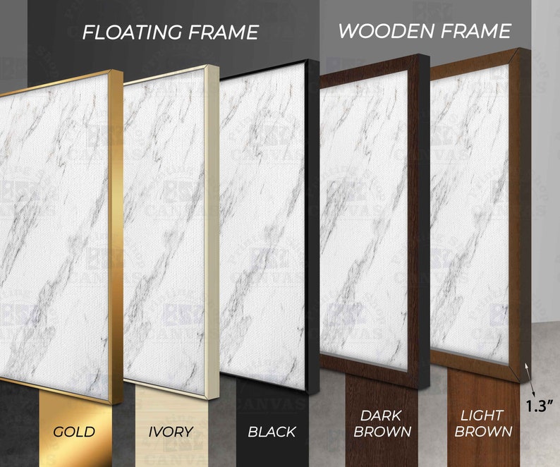 May include: Five different frame options for displaying artwork or photos. The frames are shown against a white marble background. The frame options include gold, ivory, black, dark brown, and light brown. The frames are 1.3 inches wide.