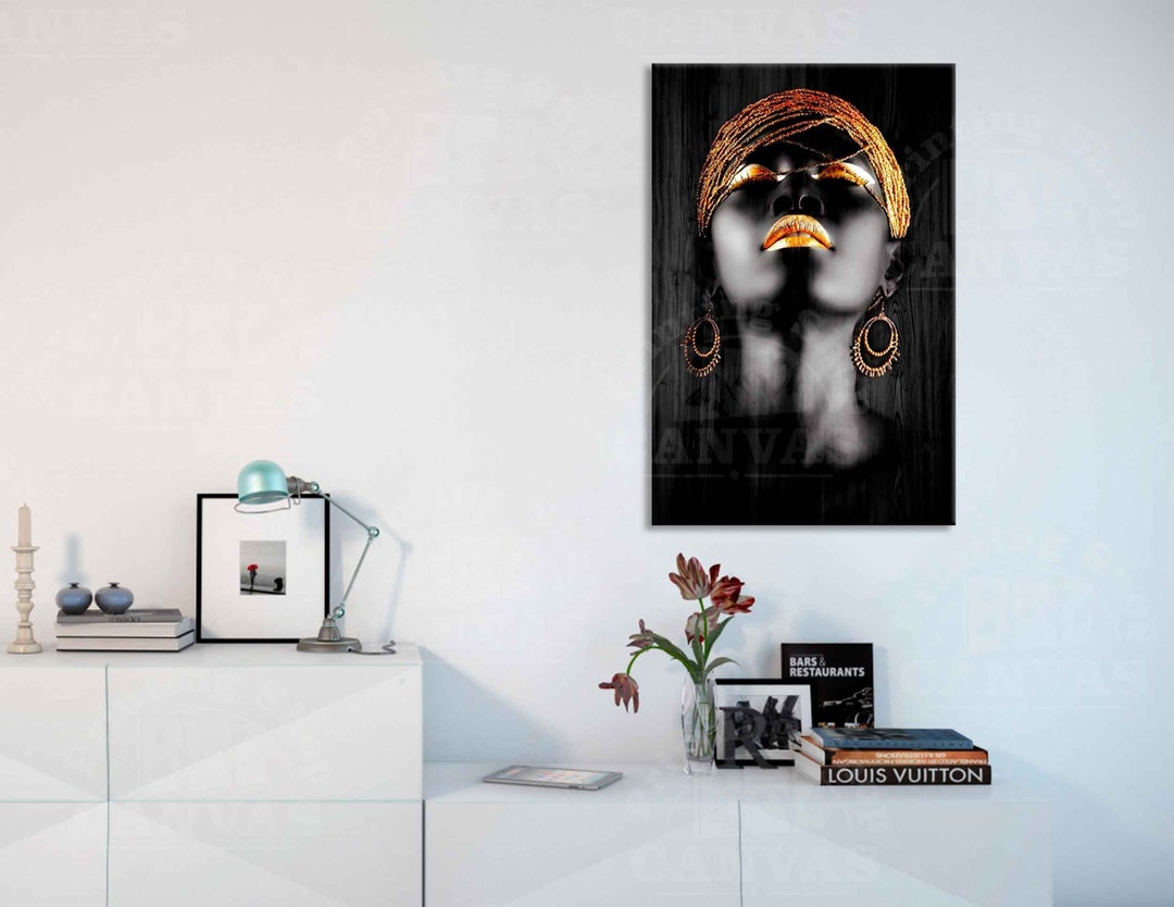 African Black Woman Wall Art Golden Lips Print Ethnic African Girl ...