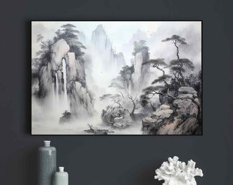 Black and white Japanese Landscape Art,  Paintings prnt, Japan Mountain Landscape Asian Illustration Waterfall Wall Art