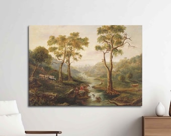 Pastoral River Scene Canvas Print – Rustic Landscape Wall Art, Farmhouse Decor