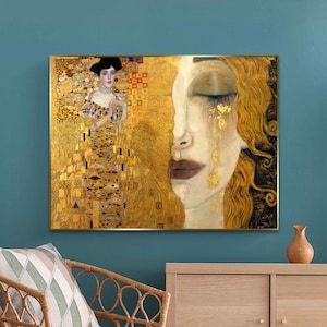 Golden Adele and Tears, Gustav Klimt, reproduction art print, romantic art, home decoration famous love paintings, artistic classic art