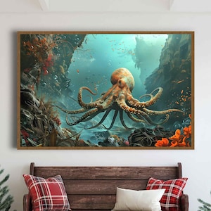 Octopus Art Underwater Painting Print Ocean Life canvas art Sea Creatures Marine Decor Undersea Landscape Nautical Art Ocean Wildlife