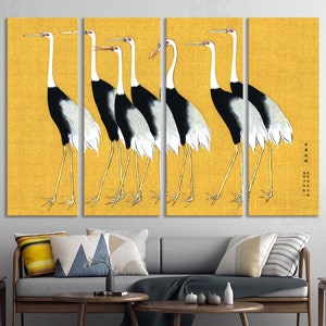 Canvas Print traditional portrait of flock Cranes Wall Art Vintage yellow Illustrated Exotic Birds Poster Japanese black white crown crane