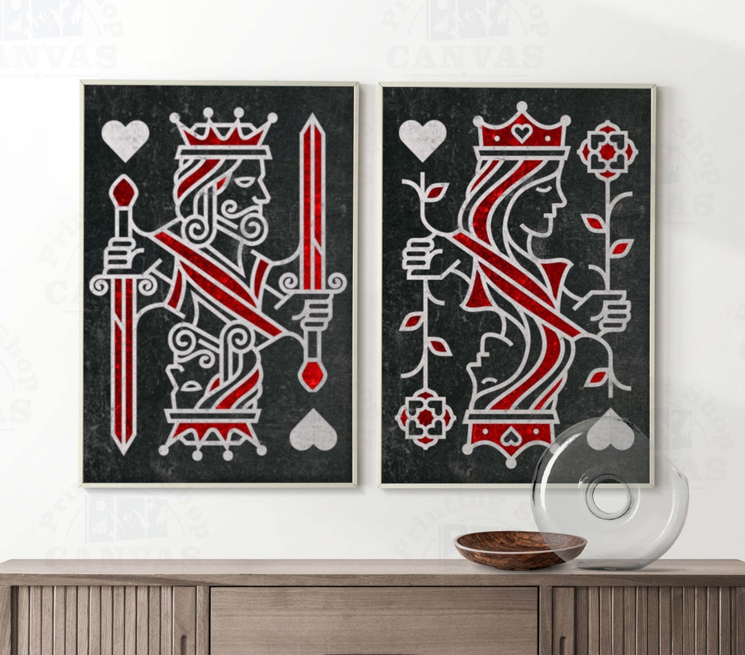 King and Queen of Hearts Playing Card Black Red Set His & Hers