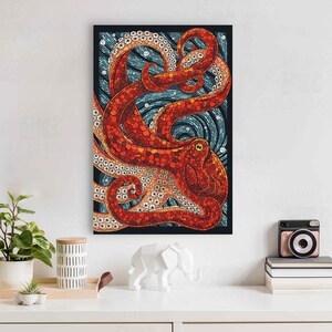 Red Octopus Mosaic Print on Canvas, Asian Art Living Room Decor Hang ...