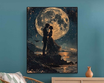 Romantic couple Canvas print love art Moonlight romance Fairy tale art wall decor bedroom art romantic wall art Couple's gif Moon night sky