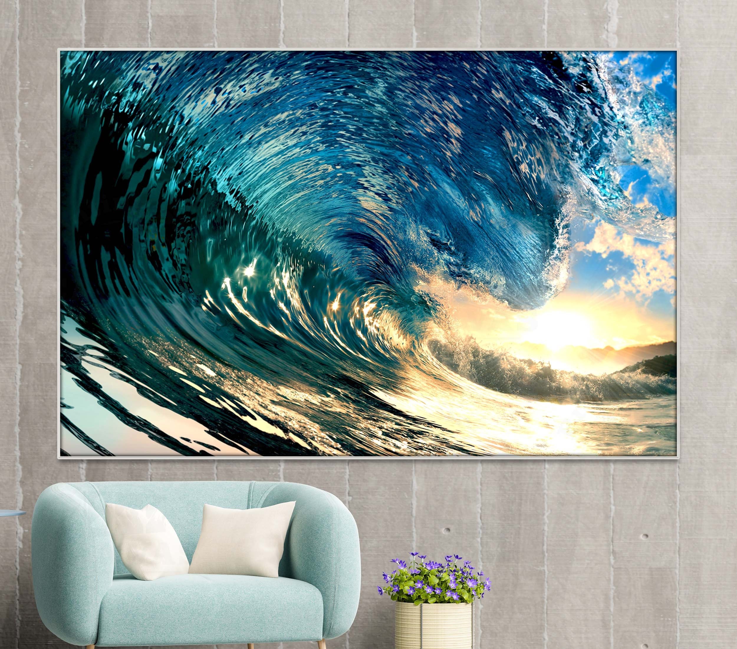 Navy Blue Big Wave Hawaiian Surf Wall Art Canvas or Poster Print