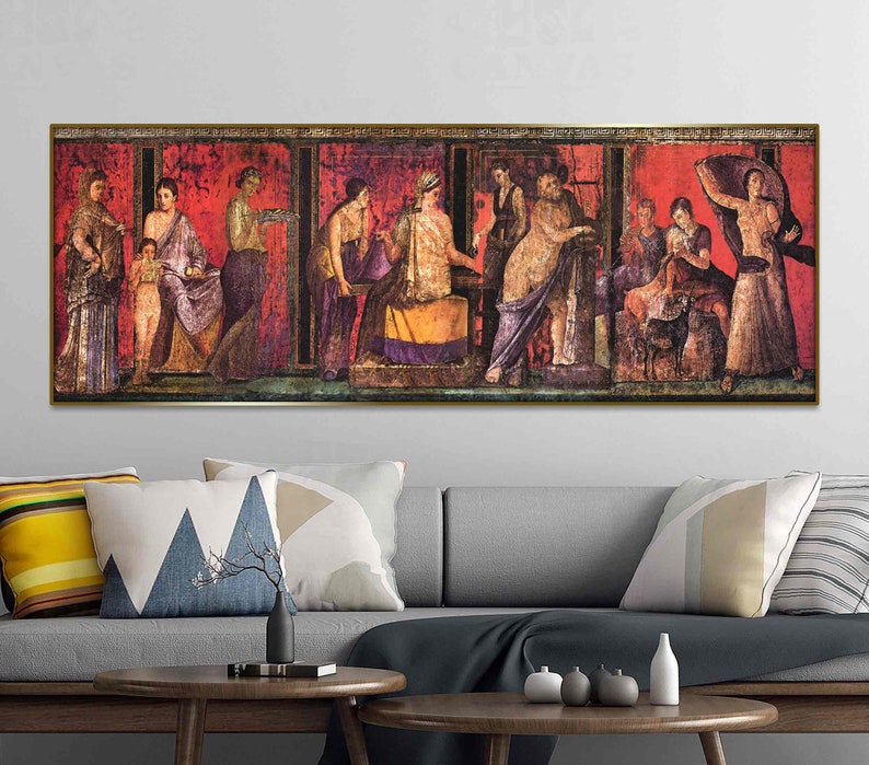 May include: A vintage painting depicting a scene from ancient Roman life. The painting features a group of people in colorful robes and tunics, standing and interacting with each other. The scene is set in a room with red walls and a tiled floor. The painting is framed in a gold frame.