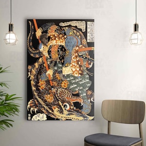 Miyamoto Musashi Killing Canvas Print A Giant Nue Japanese Samurai Wall Art Reproduction Utagawa Kuniyoshi Home Decor Asia Poster
