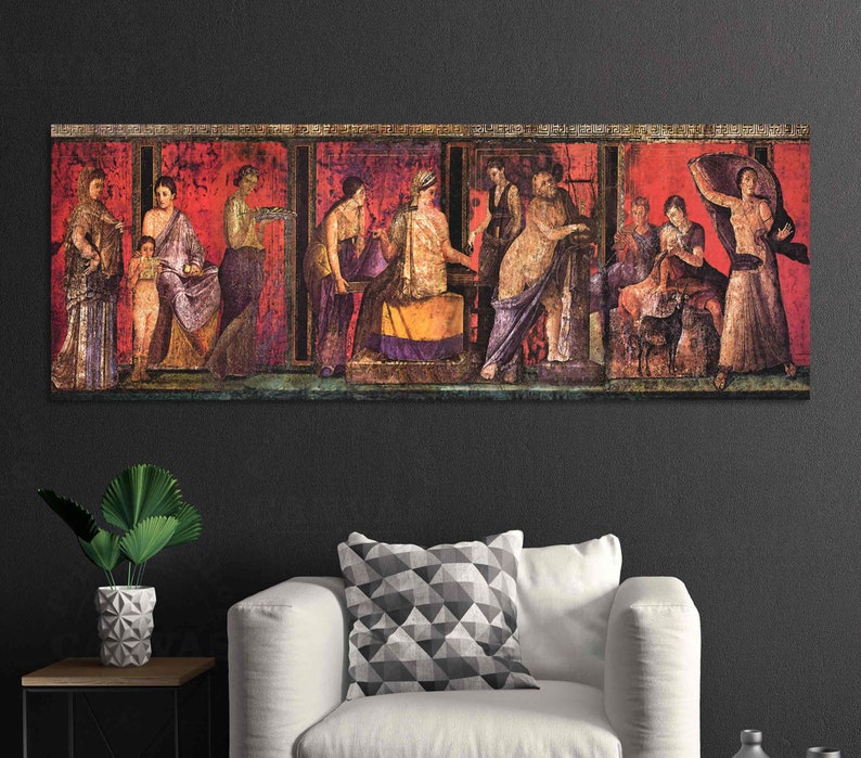 May include: A vintage painting depicting a scene from ancient Roman life. The painting features a group of people in colorful robes and tunics, standing and sitting in a room with red walls and a decorative border. The painting is framed and appears to be on a wall.