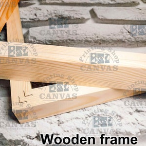 May include: Close-up of a wooden frame for a canvas print. The frame is made of natural wood and has a light brown color. The frame is assembled with mitered corners and has a smooth finish.