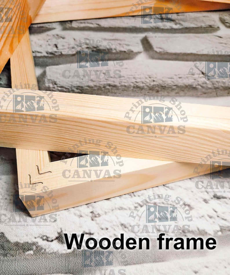 May include: Close-up of a wooden frame for a canvas print. The frame is made of natural wood and has a light brown color. The frame is assembled with mitered corners and has a smooth finish.