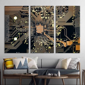 May include: A close-up of a circuit board with intricate copper traces and gold connectors. The board is divided into three sections, each with a unique pattern. The colors are black, gold, and copper.