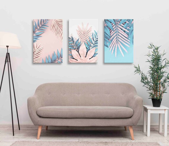 Botanical prints Art Canvas pink and turquoise leaf Blush | Etsy