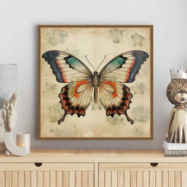 Vintage Butterfly wall art Red blue Exquisite art Beige Retro illustration Nature Antique style Vintage decor Classic canvas print insects