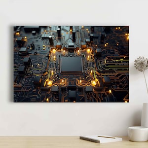 Puede incluir: Primer plano de una placa de circuito de computadora con una compleja red de componentes negros y dorados. La placa presenta un procesador cuadrado central y numerosos chips y conectores más pequeños. Luces naranjas cálidas iluminan las intrincadas vías, creando una estética futurista.