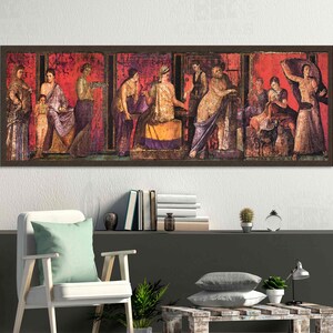 May include: A vintage painting depicting a scene from Roman mythology. The painting features several figures in colorful robes and tunics, with a red background. The figures are arranged in a group, with some standing and others sitting. The painting is framed in a dark wood frame.