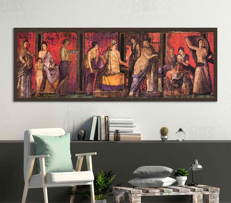 May include: A vintage painting depicting a scene from Roman mythology. The painting features several figures in colorful robes and tunics, with a red background. The figures are arranged in a group, with some standing and others sitting. The painting is framed in a dark wood frame.