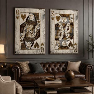 Vintage King and Queen Playing Card Set His & Hers Wall Art Game room decor Large Cards Canvas couple gift above bed framed decoration print