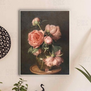 Peony in Vase Canvas Print Flowers Still Life Floral Wall Decor Roses Botanical Oil Art Pink Peonies Blossom Dark Vintage Farmhouse