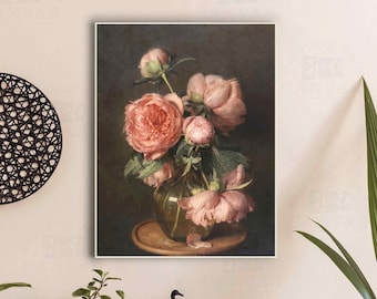 Peony in Vase Canvas Print Flowers Still Life Floral Wall Decor Roses Botanical Oil Art Pink Peonies Blossom Dark Vintage Farmhouse