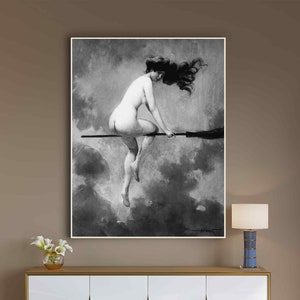 Witch at Broomstick Art Canvas Print Joseph Penot Reproduction Witchcraft Artwork Sabbat Print French Wall Art Vintage Poster Magical Occult