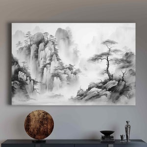 Asian Monochrome Watercolor Landscape Canvas Print Great Rocks and Bonsai Wall art Asian Landscape Monochrome Watercolor Oriental Artwork