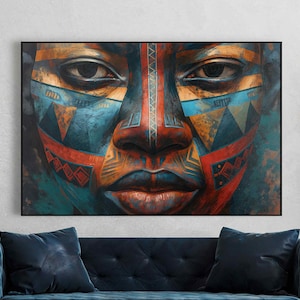 African Beauty Portrait Canvas | Ethnic Face Art Print | Afrocentric Wall Decor  Ethnic Painted Girl Wall Art | Tribal Aesthetic Canvas face