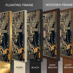 May include: A close-up of five different frame options for a printed artwork. The artwork features a detailed image of a circuit board with gold and black colors. The frame options include gold, ivory, black, dark brown, and light brown. The frames are 1.3 inches wide.