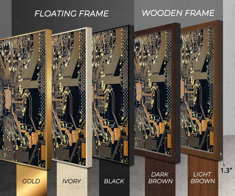 May include: A close-up of five different frame options for a printed artwork. The artwork features a detailed image of a circuit board with gold and black colors. The frame options include gold, ivory, black, dark brown, and light brown. The frames are 1.3 inches wide.